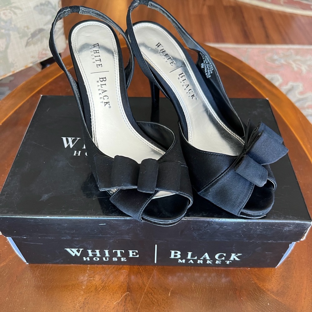 White House Black Market Contessa Black Satin Peep toe Heels